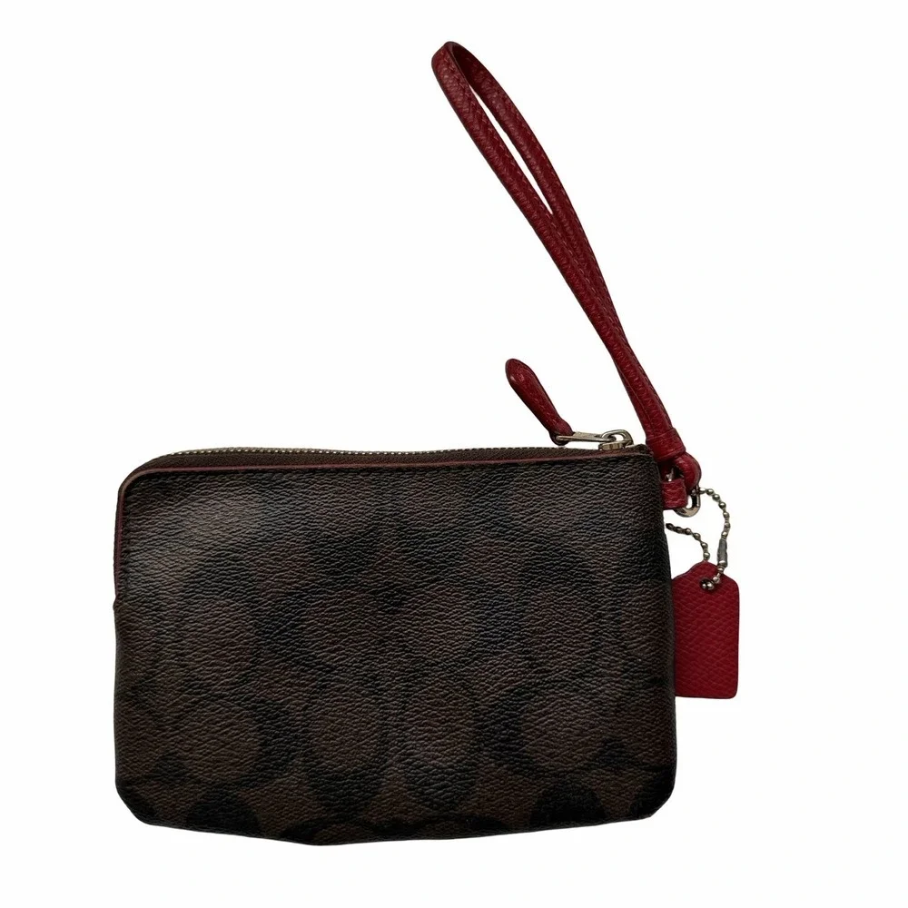 Coach Large Corner Zip Canvas Leather‎ Monogram Wristlet Brown Red Wallet F54629